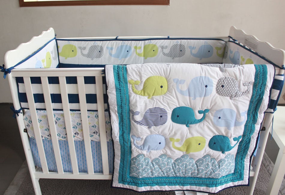 7 Piece Embrodered Baby Whales Baby Crib Nursery Set Little Pea